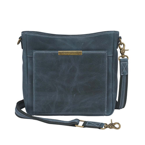 Slim concealed carry purse in distressed vintage blue buffalo leather, includes RFID wallet organizer, top-draw holster access, fits Glock 19, Sig P320, or HK VP9, built-in slash-resistant strap.