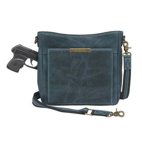 Slim concealed carry purse in distressed vintage blue buffalo leather, includes RFID wallet organizer, top-draw holster access, fits Glock 19, Sig P320, or HK VP9, built-in slash-resistant strap.