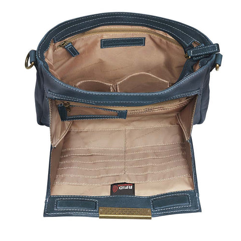 Slim concealed carry purse in distressed vintage blue buffalo leather, includes RFID wallet organizer, top-draw holster access, fits Glock 19, Sig P320, or HK VP9, built-in slash-resistant strap.