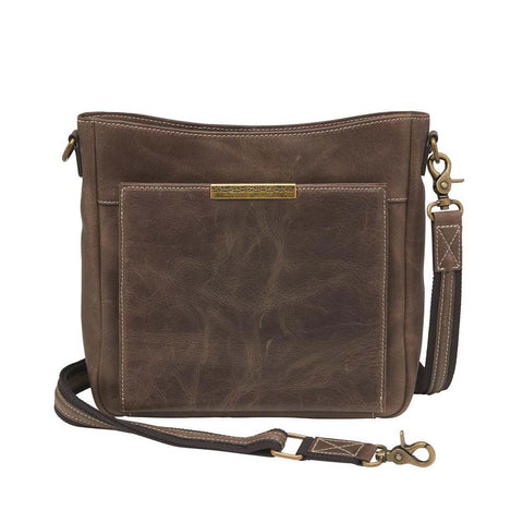 Slim crossbody concealed carry purse in distressed brown full-grain buffalo leather with RFID wallet organizer, top-draw gun compartment, fits Glock 19, Sig Sauer P320, or M&P Shield, slash-resistant strap.