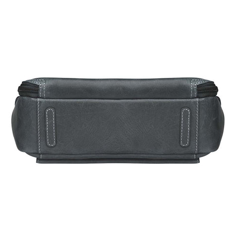 Gray distressed leather crossbody concealed carry bag with RFID-blocking card storage, vertical top-draw gun access, supports left/right-handed draw, secure fit for compact handguns, anti-slash strap included