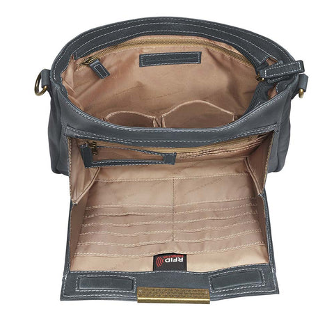 Gray distressed leather crossbody concealed carry bag with RFID-blocking card storage, vertical top-draw gun access, supports left/right-handed draw, secure fit for compact handguns, anti-slash strap included