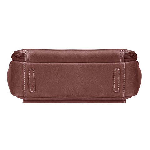 Red distressed leather concealed carry crossbody purse with RFID-secured card slots, top-draw access for right or left hand, fits compact pistols like Glock 26 or HK VP9, slash-resistant adjustable strap.