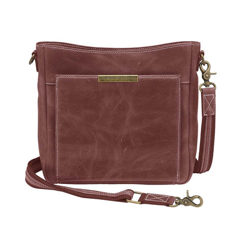 Red distressed leather concealed carry crossbody purse with RFID-secured card slots, top-draw access for right or left hand, fits compact pistols like Glock 26 or HK VP9, slash-resistant adjustable strap.