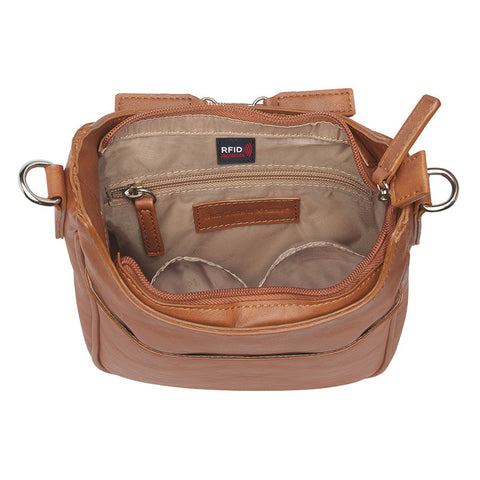 Versatile tan concealed carry crossbody mail pouch with soft, washable top-grain cowhide, anti-imprint padding, RFID pocket, and durable steel-reinforced strap for stylish and safe carry.