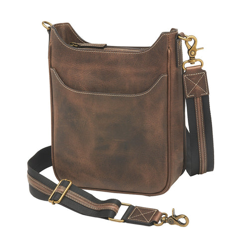 Distressed brown buffalo leather crossbody mail pouch with vintage patina, RFID protection, slash-resistant strap, and concealed carry holster compatible with left or right draw