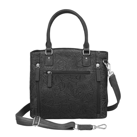 Black tooled leather concealed carry town tote crafted from USA cowhide, with discreet dual-zip gun access, reinforced slash-resistant straps, and RFID-lined interior for secure everyday carry.