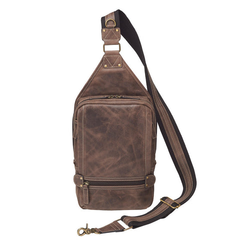 Distressed brown buffalo leather sling concealed carry backpack with tactical organization, RFID zip pocket, padded holster compartment for Glock 19, Sig P320, and HK VP9, slash-proof strap, and swing-front crossbody design with 3 exterior zip pockets and morale patch zone